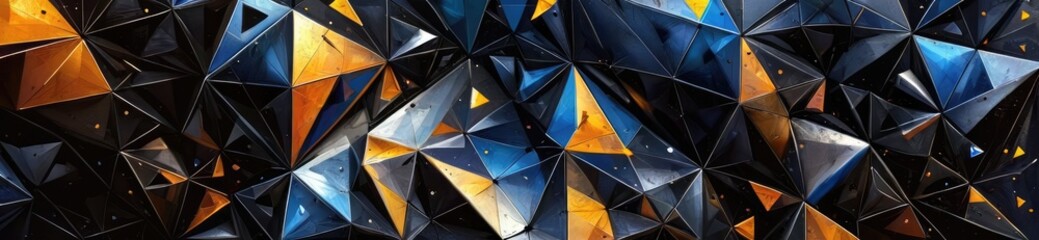 Abstract dark blue and gold geometric background with sparkling jewel facets and stars. A background of multicolored triangles.