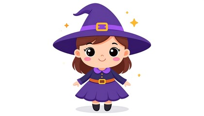 Cute Cartoon Witch Girl Smiling and Wearing a Purple Costume for Halloween