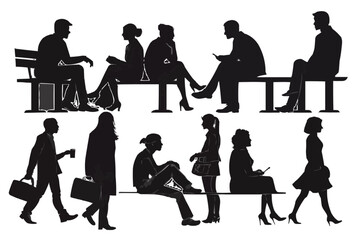 Silhouettes of people sitting on benches and walking in various poses and activities in black and white