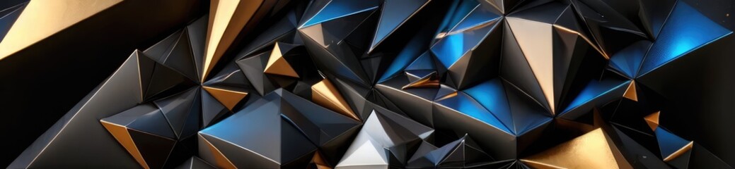 Sharp abstract low poly pyramids in dark metallic tones with glowing blue and orange accents. A background of multicolored triangles.