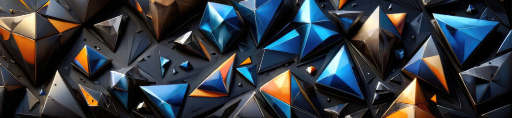Vibrant abstract crystal pyramids and faceted gems in a dynamic deep space. A background of multicolored triangles.