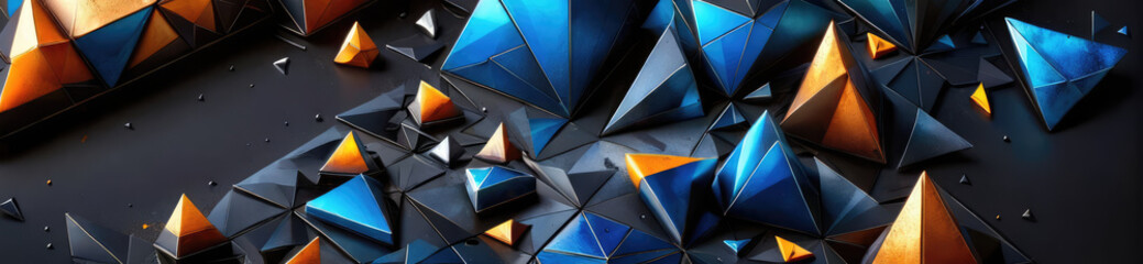 Vibrant abstract crystal pyramids and faceted gems in a dynamic deep space. A background of multicolored triangles.