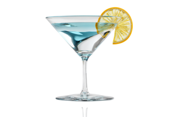 Blue martini cocktail PNG on transparent background, elegant drink cutout with lemon slice garnish for bar menus, party invitations, and beverage design.