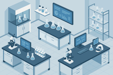 Obraz premium Laboratory vector microscopes modern scene illustration digital flasks workbenches glass lab screens