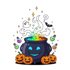 Halloween cauldron with ghost bat and pumpkins