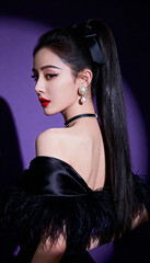 Elegant Woman in Black Dress with Glamorous Profile Pose