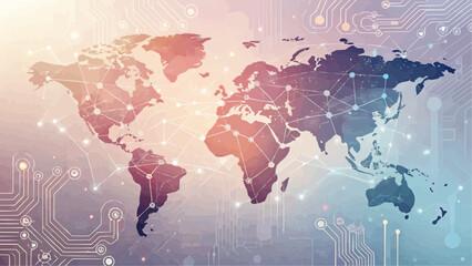 World map with network connections and circuit board patterns overlaid on a gradient background © Googl
