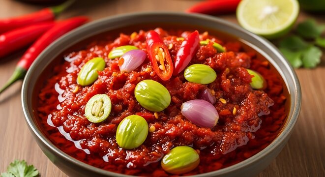 Spicy Indonesian Sambal Petai a traditional chili paste with stink beans and shallots in a bowl.