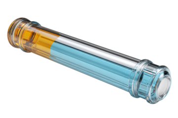 Glass cylindrical tube PNG with amber and blue liquid layers on transparent background, isolated 3D element for science, chemistry, medical, and filtration design projects.