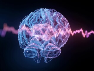 a holographic brain rotating on its own axis with the animated wavelength chart - Powered by Adobe