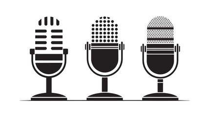 Set of retro microphone icons vintage broadcast equipment in flat black and white vector style perfect for podcasting or music production