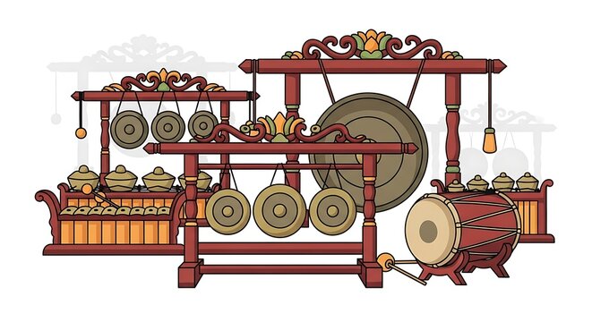 Traditional Indonesian Gamelan Orchestra Musical Instruments Illustration.