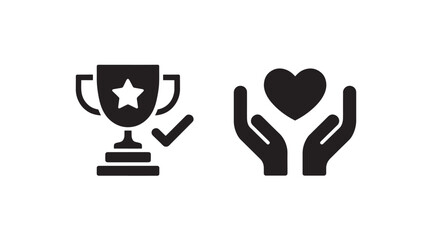 Achievement trophy with checkmark heart in hands simple black vector icons for recognition and care concepts isolated on white background