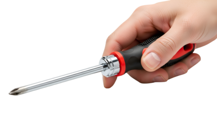 A hand holding a shiny silver screwdriver, isolated on white background, professional tool look.