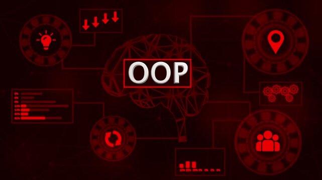 Object Oriented Programming Concept Infographic with Icons and Red Glowing Lines on Dark Background software