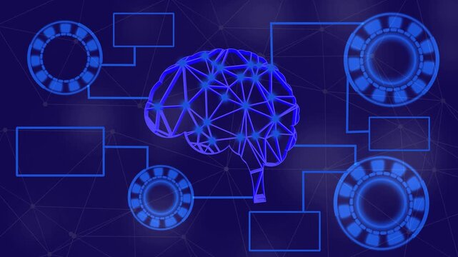 Holographic brain receiving sliding social media icons while updating counters visualizing data