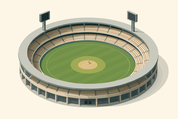 Field vector towers stands ground cricket isometric illustration circular stadium surrounding scoreboard