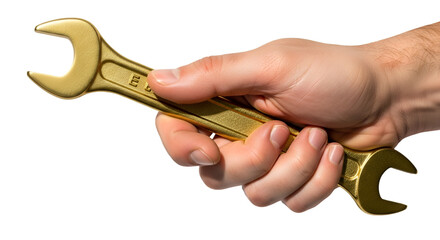 Fototapeta premium A hand holding a golden wrench tool, isolated on white background, high detail and clarity.