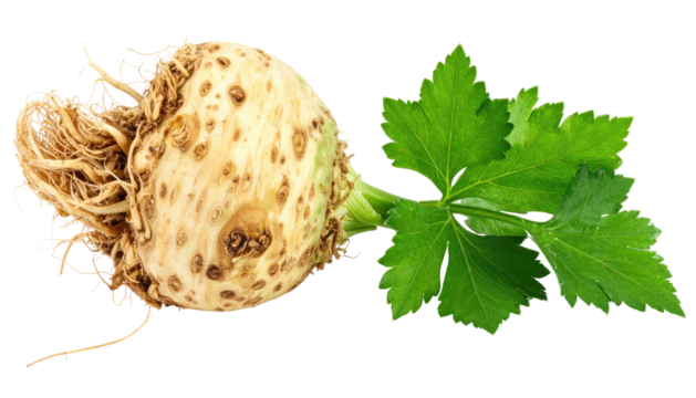 Close-up of a celery root with a celery leaf.  The root is pale beige, bumpy, and has a fibrous root system.  The leaf is vibrant green, large, and displays a characteristic celery leaf shape