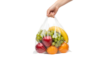 A hand holding a plastic grocery bag filled with fruits, isolated on white background, realistic details.