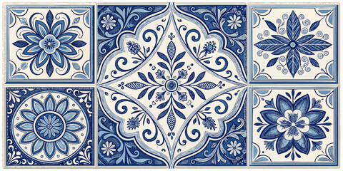 Collection of six blue and white floral tile designs arranged in a rectangular pattern format view