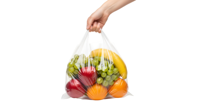 A hand holding a plastic grocery bag filled with fruits, isolated on white background, realistic details.