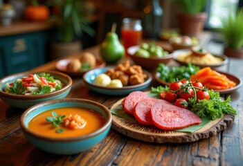 Vibrant Local Cuisine Array on Handcrafted Engraved Wooden Table with Colorful Traditional Dishes