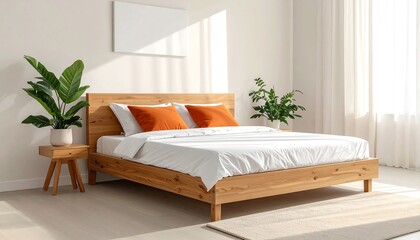 Cozy bedroom interior design with wooden bed, pillows, and plants