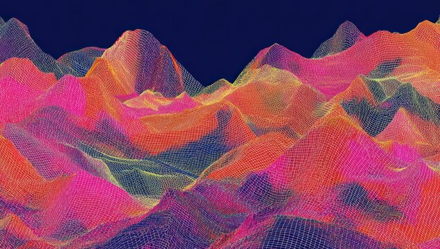 Vivid abstract landscape of textured mountains in gradient colors, set against dark blue