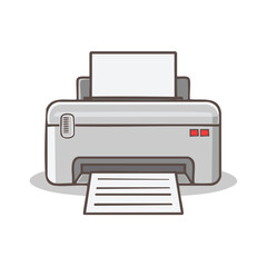 Cartoon printer icon illustration printing a paper document. Office equipment and technology concept.