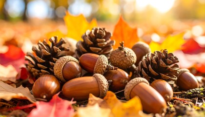 Acorns and Pine Cones on Colorful Fall Leaves in Sunlight