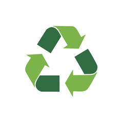 Green recycling symbol composed of three chasing arrows on white background