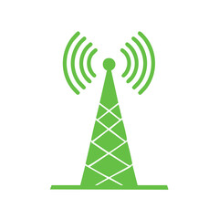 Green Communication Antenna Tower Icon Transmitting Wireless Signals on White