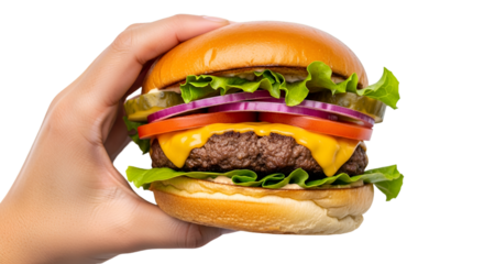 A hand holding a burger, isolated on white background, fresh food concept.