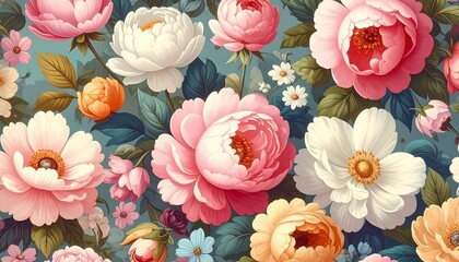 Colorful floral pattern of pink, white and yellow flowers on a blue background