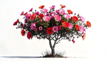 Colorful Flowers Growing on a Tree, Isolated on a White Background