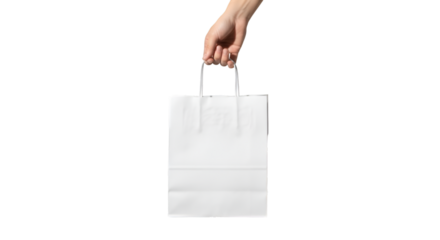 A hand holding a paper shopping bag with handles, isolated on white background, minimal and clean look.