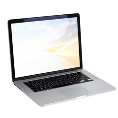 Silver laptop with a light-toned, landscape image on the screen