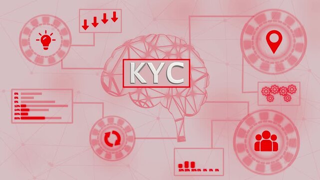 KYC Know Your Customer process flowchart with icons and blue neon lights on black background compliance