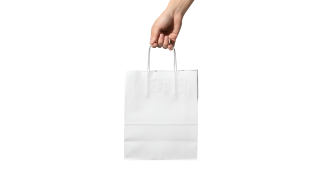A hand holding a paper shopping bag with handles, isolated on white background, minimal and clean look.