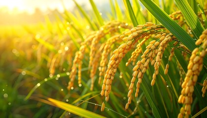 Fototapeta premium Close-up of Rice Plants with Golden Grains and Beautiful Sunlight