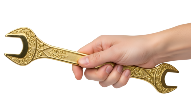 A hand holding a golden wrench tool, isolated on white background, high detail and clarity.