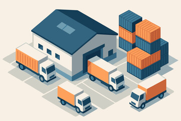 Containers delivery scene trucks stacked outside illustration vector stylized factory arranged warehouse