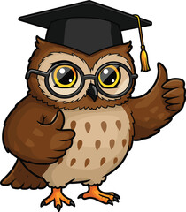 Cartoon owl, graduation cap, eyeglasses, thumbs up, academic bird, education mascot, wise animal, school success, learning symbol, cute illustration