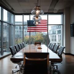 Interior of conference room with american flag. 3D rendering
