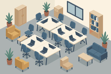 Naklejka premium Lounge corners illustration coworking vector laptops modern space shared desks small