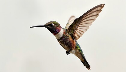Fototapeta premium Hummingbird in flight on a light background - detailed portrait of a wild bird