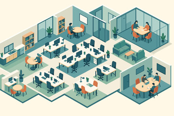 Zones meeting layout including break view panoramic illustration modern rooms vector office