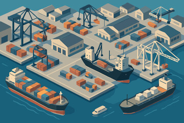 Isometric ships port harbor view terminals warehouses layout illustration showing vector panoramic