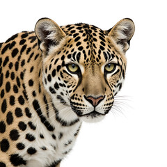 Leopard head close-up with detailed fur and striking eyes  